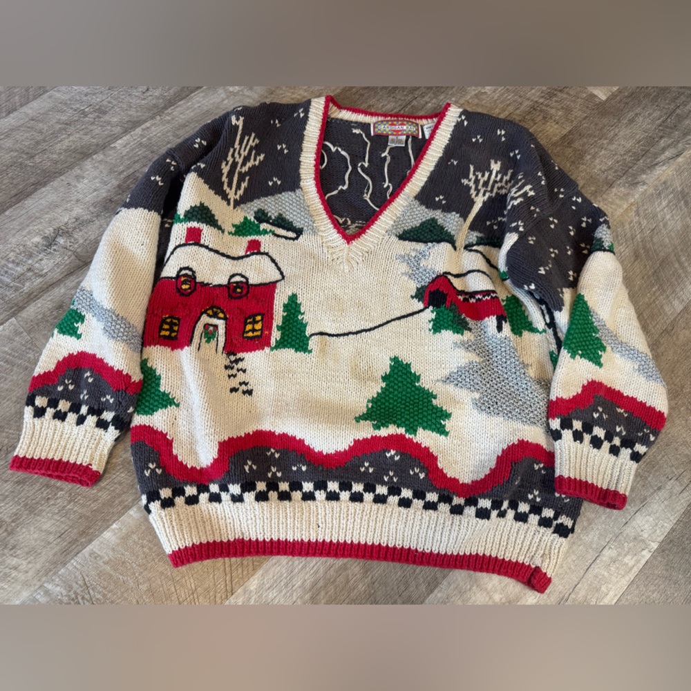 UGLY SWEATER Christmas snowy scene size SMALL hand knit sweater, V Neck
